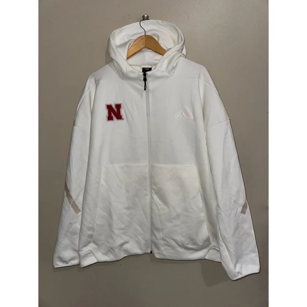 Men 2XL Adidas Nebraska Cornhuskers Football ZNE FZ Hoodie White KR0006 NCAA NEW